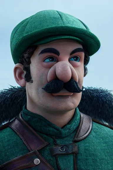 Image similar to very very intricate photorealistic photo of a realistic human version of luigi wearing his hat in an episode of game of thrones, photo is in focus with detailed atmospheric lighting, award - winning details