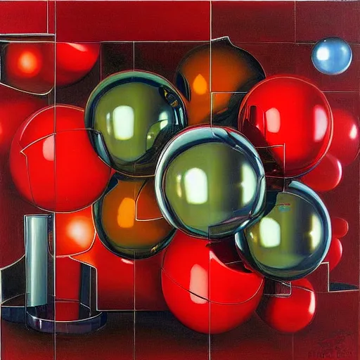 Prompt: chrome spheres on a red cube by meindert hobbema