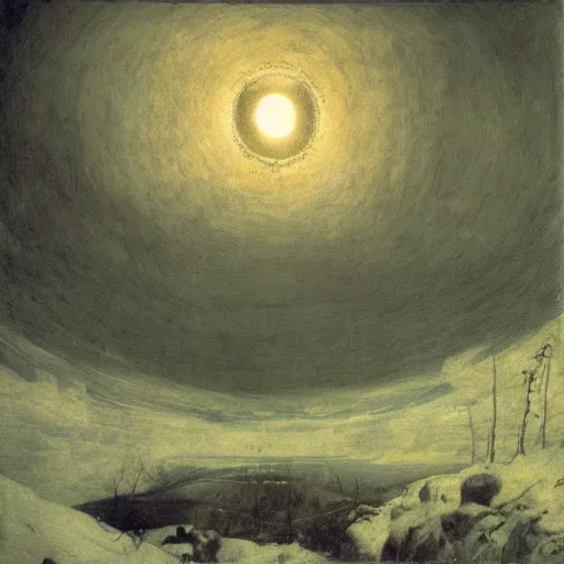 Prompt: a single vast unblinking eye looms in the sky in the depth of night, its pupil pointing straight at the viewer, above bare trees and snow-covered countryside, cosmic horror, Arnold Böcklin