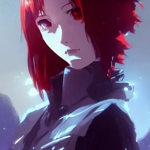 Prompt: portrait of a teen girl with short red hair, dramatic lighting, anime illustration by Alexis Franklin, Greg rutkowski, yoji shinkawa, 4k, digital art, concept art, trending on artstation, アニメ, featured on pixiv