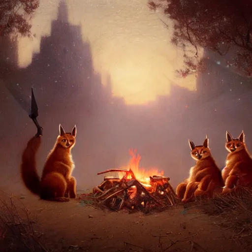 Image similar to three cute caracals wearing red bows and ties, campfire, guitar, night, atmospheric lighting, intricate, volumetric lighting, digital art, highly detailed by gaston bussiere, craig mullins, j. c. leyendecker 8 k