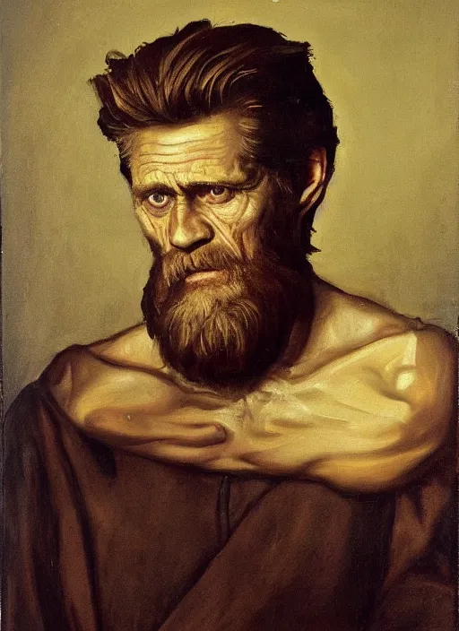 Image similar to flattering regal painting of bearded willem dafoe, renaissance oil painting, studious chiaroscuro