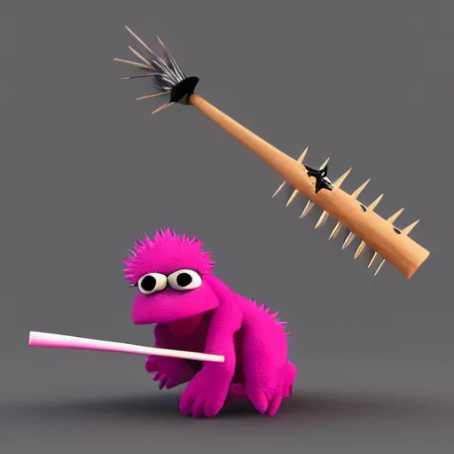 Image similar to evil muppet holding a spiky baseball bat, 3d render, sanrio, parody, behance, HD render, unity, cinematic Trending on artstation.