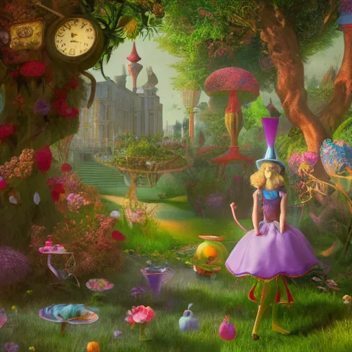 Prompt: alice in wonderland, without people, art nouveau, by rachel ruysch and lisa frank, 8 k, sharp focus, octane render