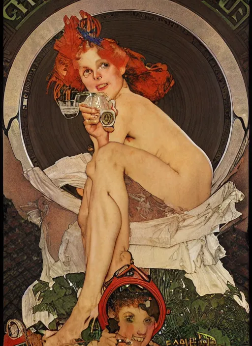 Image similar to beer advertisement by mucha, norman rockwell extremely coherent, sharp focus, elegant, render, octane, detailed, award winning photography, masterpiece, rim lit