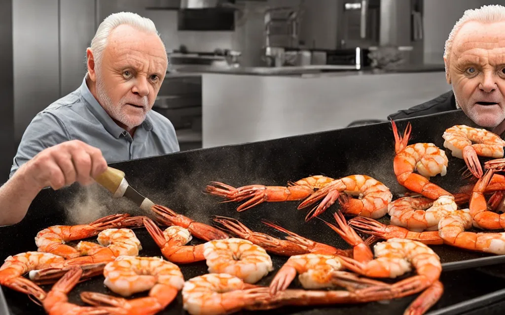 Prompt: anthony hopkins cooking king prawns in a large photo realistic pan