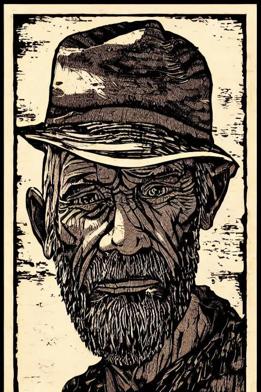 Image similar to a beautiful woodcut portrait print of an old man, 8 k, frostbite 3 engine, cryengine, dof, trending on artstation, digital art, crepuscular ray, art by roy l davies and tugboat printshop