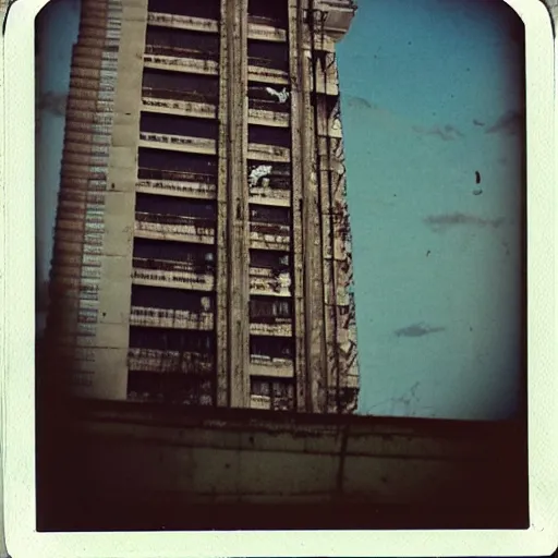 Prompt: a slot machine on top of an abandoned sky scraper, liminal space, old polaroid,