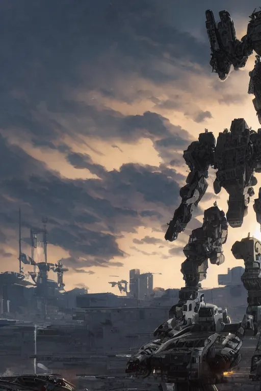 Image similar to A real photo of a Huge Mechwarrior prepared for battle and the sunset in the distance, by Josan Gonzalez, Yoji Shinkawa and Geof Darrow, highly detailed, Unreal Engine Render, 3D, 8k wallpaper