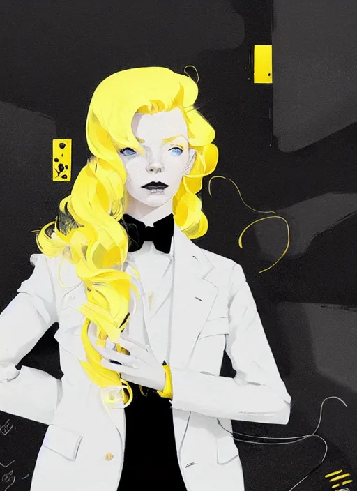 Image similar to highly detailed closeup portrait of beautiful portia doubleday, blonde wavy hair, angela moss, white suit by atey ghailan, by greg rutkowski, by greg tocchini, by james gilleard, by joe fenton, by kaethe butcher, gradient yellow, black and white color scheme, grunge aesthetic!!! ( ( graffiti tag wall background ) )