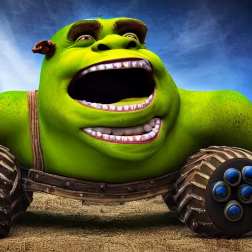 Image similar to shrek has transformed into a monster truck, shrek monster truck, high resolution photo, the shrek monster truck derby