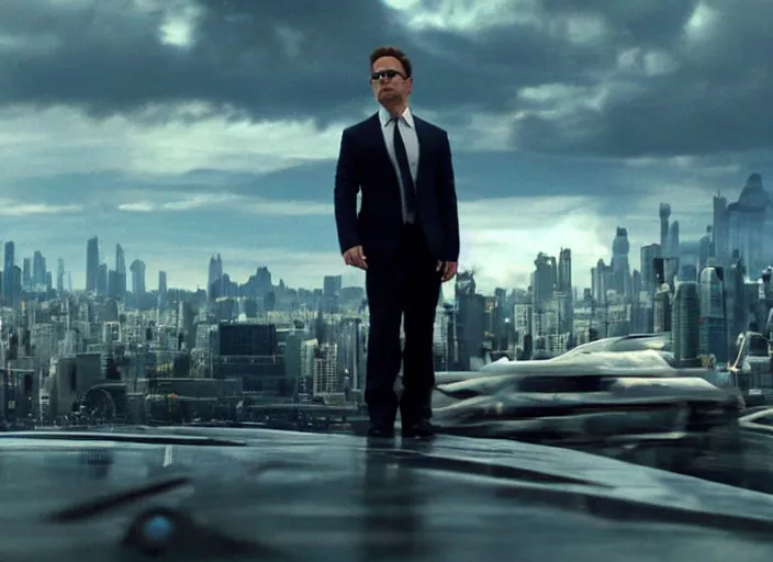 Prompt: film still of Robert Downey Jr as Cobb with the world bending in on itself in the background in Inception, 4k