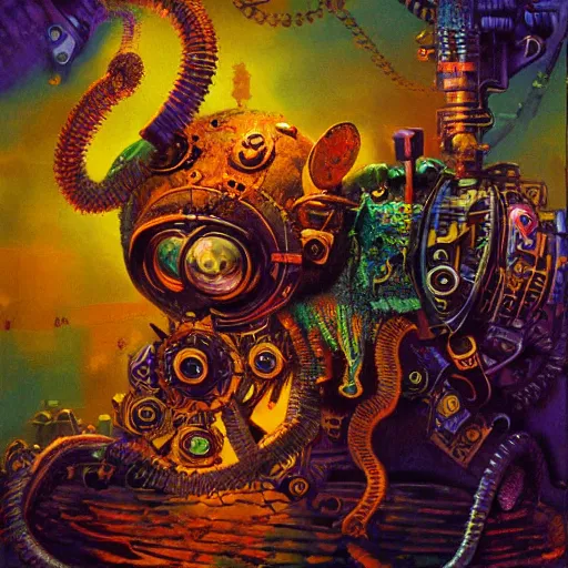 Image similar to steampunk rat, acid, 303, psychedelic, by paul lehr