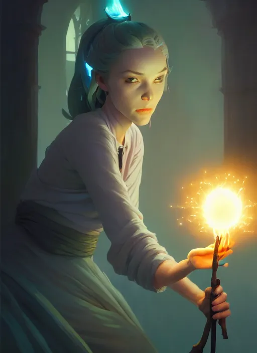 Image similar to highly detailed vfx portrait of a mage casting a light spell, unreal engine, greg rutkowski, loish, rhads, beeple, makoto shinkai and lois van baarle, ilya kuvshinov, rossdraws, tom bagshaw, alphonse mucha, global illumination, detailed and intricate environment