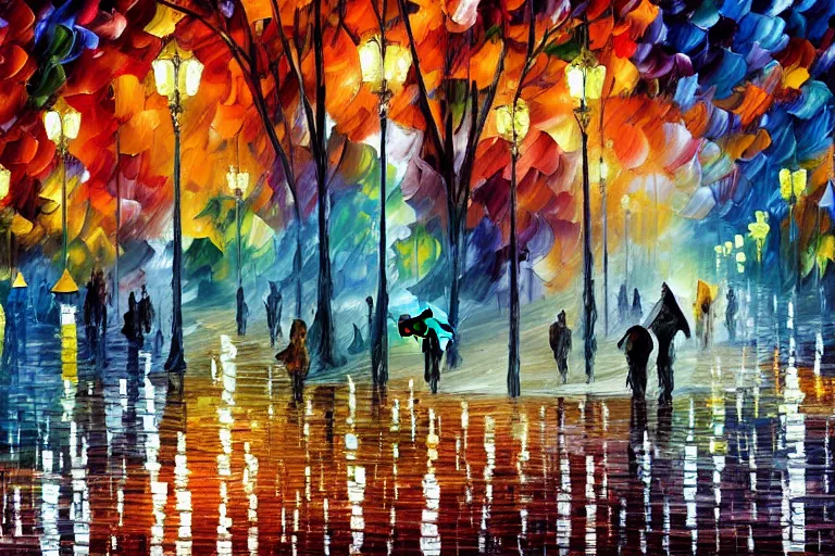 Image similar to a detailed painting of a park at night by leonid afremov and william de nuncques, rain puddles, a glitched dystopian city in the background, in foreground two plague doctors