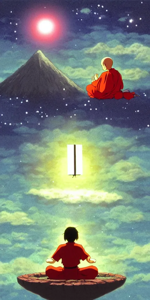 Image similar to a realistic cell - shaded studio ghibli concept art from paprika ( 2 0 0 6 ) of a floating cube from close encounters of the third kind ( 1 9 7 7 ) and a monk meditating on a misty starry night. very dull colors, hd, 4 k, hq