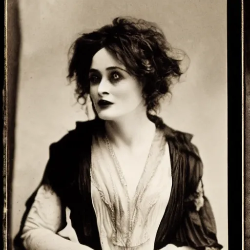 Image similar to headshot edwardian photograph of helena bonham carter, meryl streep, gaius helen mohiam, 1 9 2 0 s, sinister, evil, realistic face, 1 9 1 0 s, grainy, victorian, soft blur