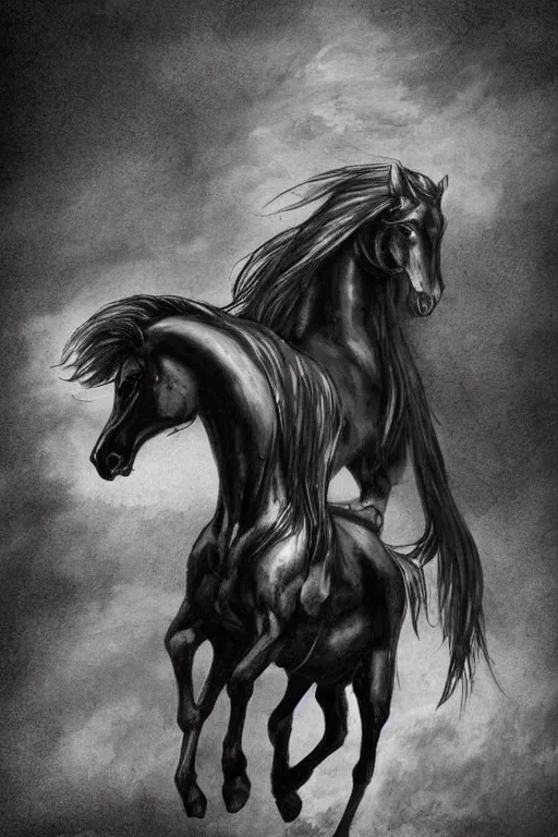 Image similar to irish mythical creature is a headless horseman that is known as a foreteller of death. rising a headless black horse, the dullahan carries his own head under one arm