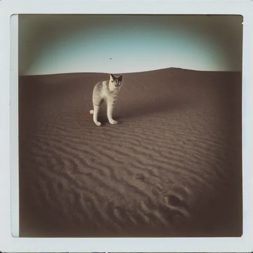 Prompt: a cat lost in the desert, polaroid, 8 mm