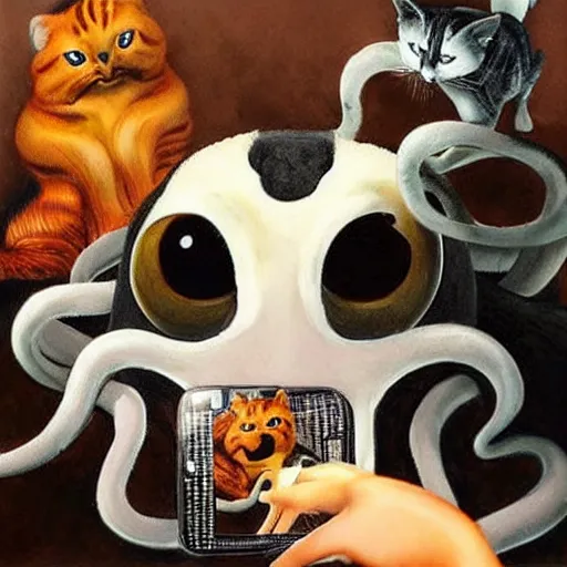 Image similar to octopus and cats taking a selfie together, photorealistic