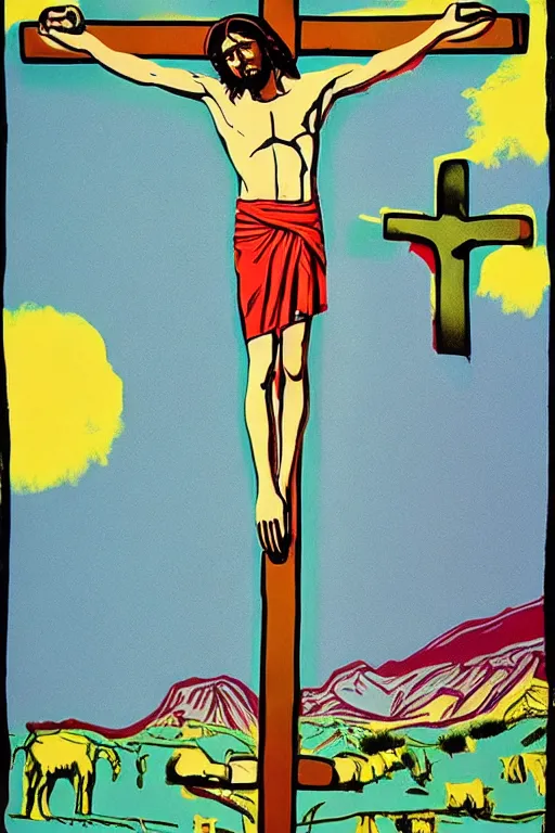 Image similar to jesus christ crucified and ufos in the background painted by andy warhol