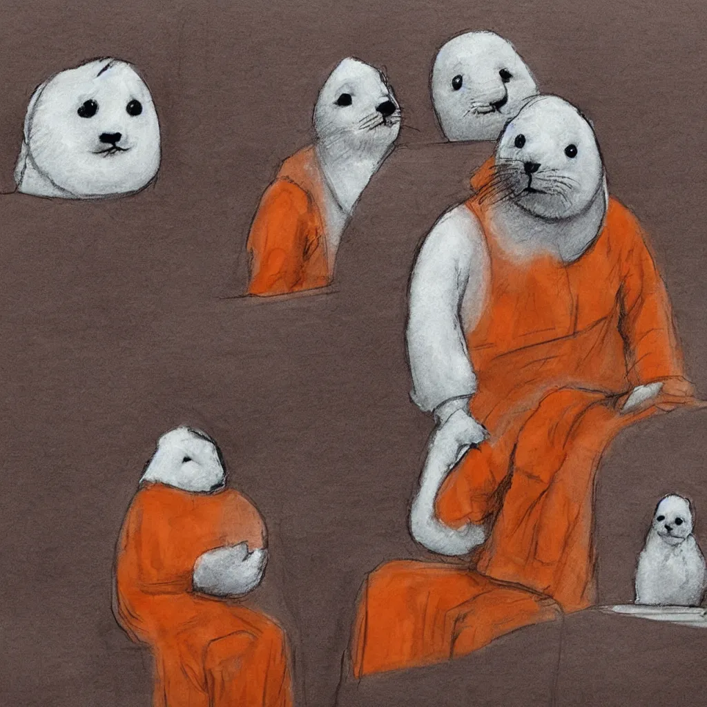 Image similar to a baby harp seal in an orange prisoner jumpsuit, dressed as a prisoner, sitting next to his lawyer in court, courtroom sketch