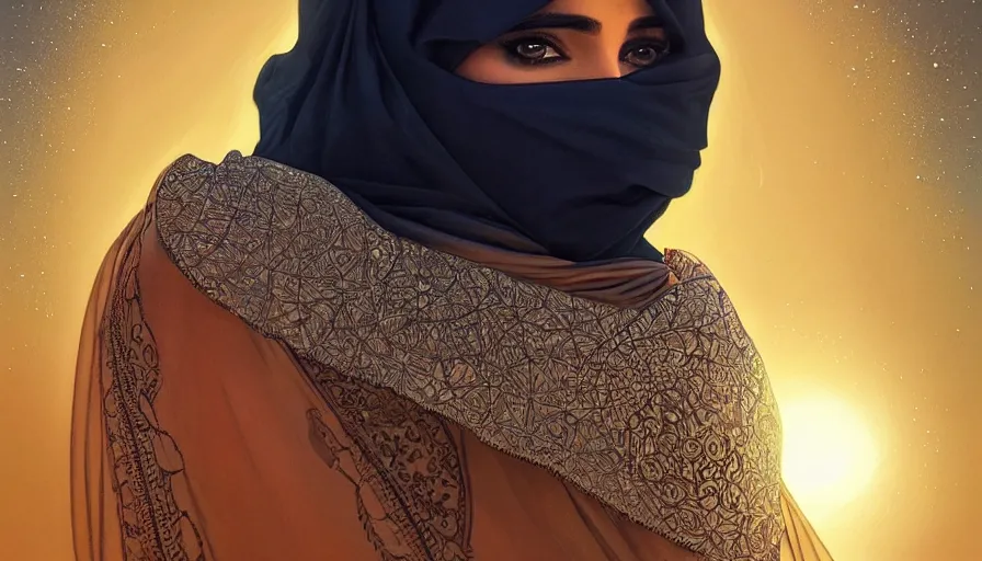 Image similar to Portrait of very very very very very very beautiful Arab woman wearing a Niqab, glowing magical eyes, energy trails, under giant full moon in the desert, intricate, elegant, highly detailed, digital painting, artstation, concept art, smooth, sharp focus, illustration, art by artgerm and greg rutkowski and alphonse mucha