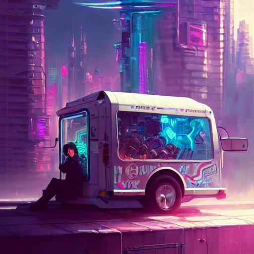 Image similar to a cyberpunk ice cream truck digital painting, intricate, elegant, highly detailed, artstation, concept art, matte, sharp focus, illustration, art by Artgerm and Greg Rutkowski and Alphonse Mucha