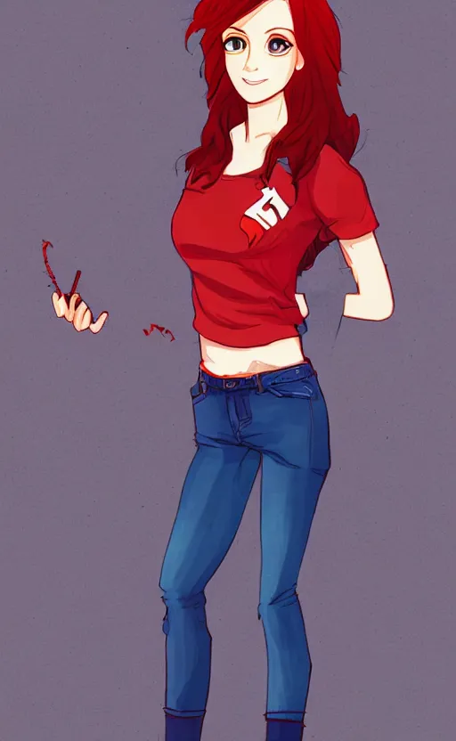 Prompt: full-body shot of an attractive tomboy girl with long, crimson red hair and red eyes, wearing a dark red shirt and green jeans with a stern look, concept art, character design