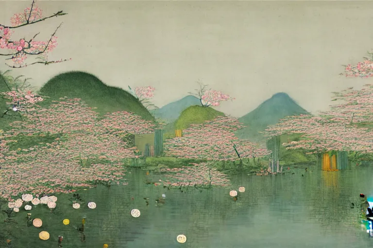 Image similar to an ultradetailed landscape painting of westlake in china hangzhou, lotus, may flowers blossoms nearby, fine wind, chinese water color, smooth, sharp focus, illustration, by hilma af klint, 8 k