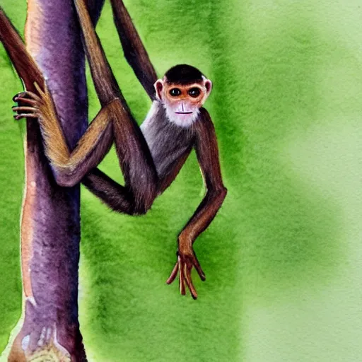 Prompt: A realistic watercolour painting of a spider monkey in a tree, fine detail, washed out background