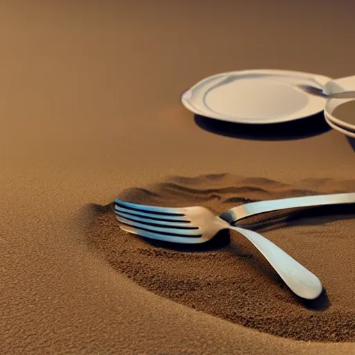 Prompt: a hyperdetailed fork made of sand, 3 d render, ultra high detail, octane render, rtx, hdr, the fork has a sand texture, the fork is on a plate, the plate is on a wooden table.