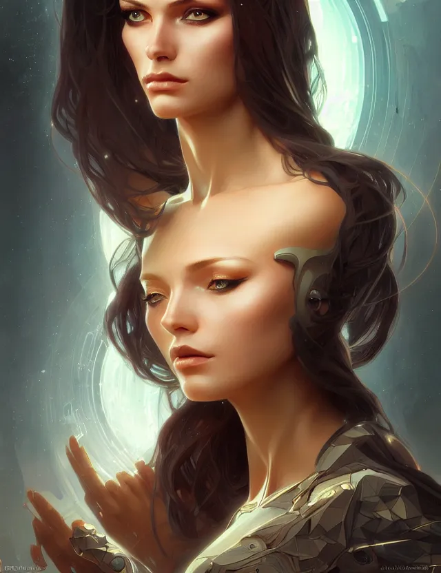 Image similar to futuristic woman portrait, sci-fi, amber eyes, face, long hair, fantasy, intricate, elegant, highly detailed, digital painting, artstation, concept art, smooth, sharp focus, illustration, art by artgerm and greg rutkowski and alphonse mucha