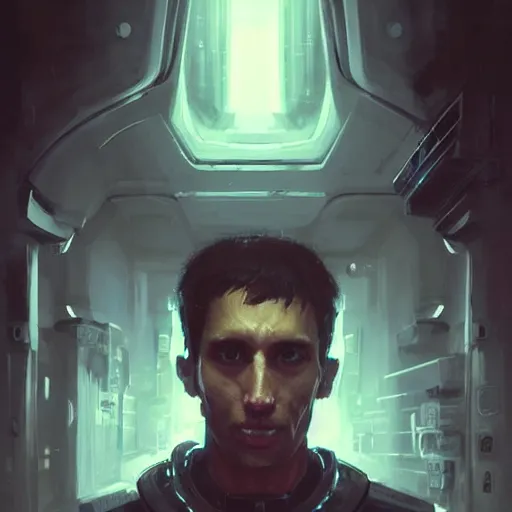Image similar to portrait of a shocked man by greg rutkowski, he is about 3 0 years old, short black hair with bangs, scared and incredulous, very tall and slender, he is wearing futuristic space gear, highly detailed portrait, digital painting, artstation, concept art, smooth, sharp foccus ilustration, artstation hq
