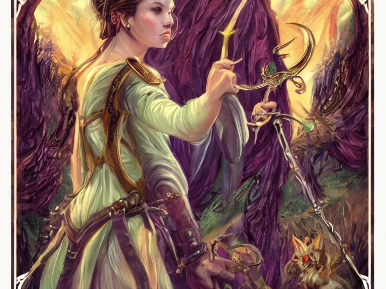 Image similar to Fantasy art styles , full size , t he queen of wands tarot card Trending on artstation. 8k