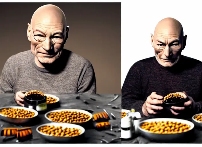 Prompt: a scene from a 2 0 2 0 s halloween kills, patrick stewart is eating from a can of beans, vhs distortion, cathode ray tube distortion, folk horror, hauntology, 8 k, 8 5 mm f 1. 8, studio lighting, rim light, right side key light