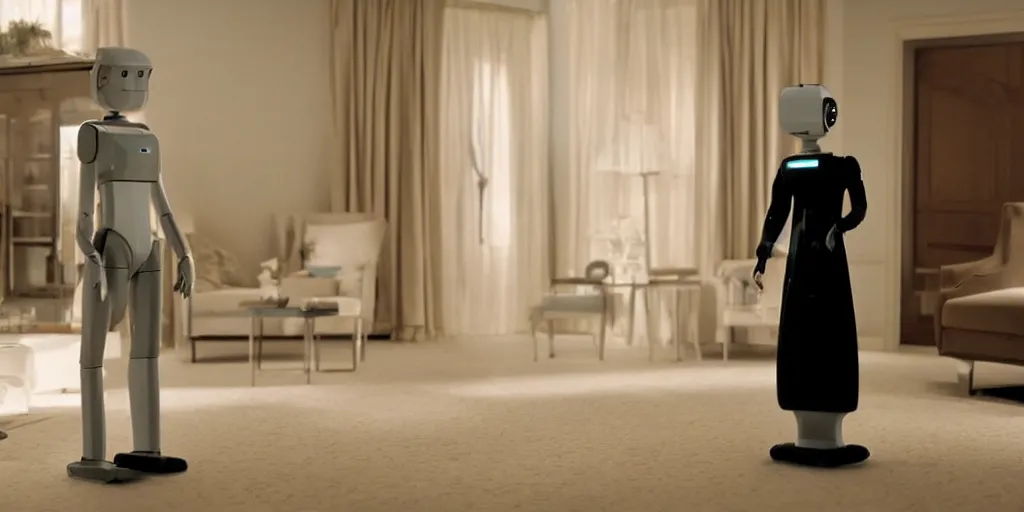 Prompt: old woman stand-off sleek clean humanoid assistant robot in a glamorous livingroom by Roger Deakins