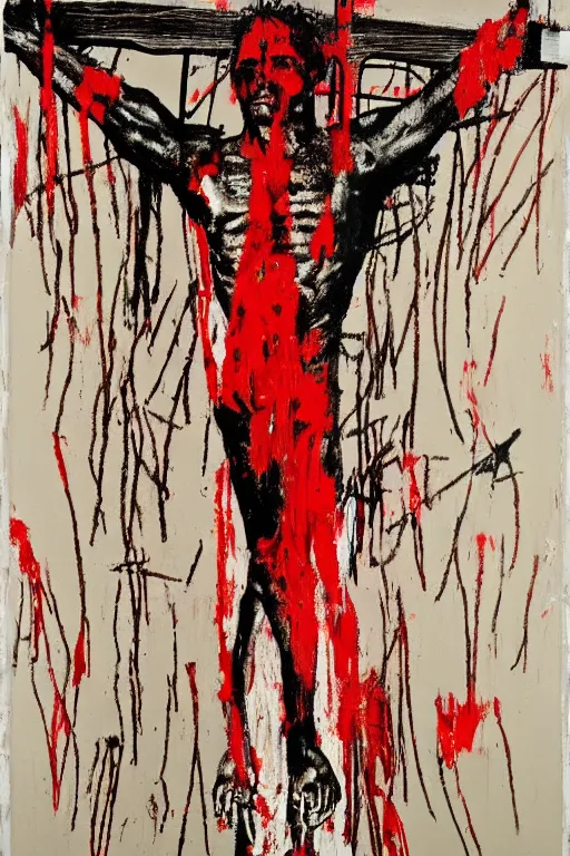 Prompt: bloody jesus christ crucified painted by cy twombly, basquiat and andy warhol