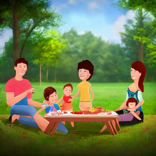 Prompt: A family having a picnic in park from the perspective of an ant on the table - trending on artstation