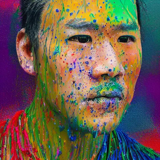 Image similar to a portrait of byron li composed of flecks of paint lush & immense density long strands of drips in all directions splatters of mixed pigments with solid color inside.