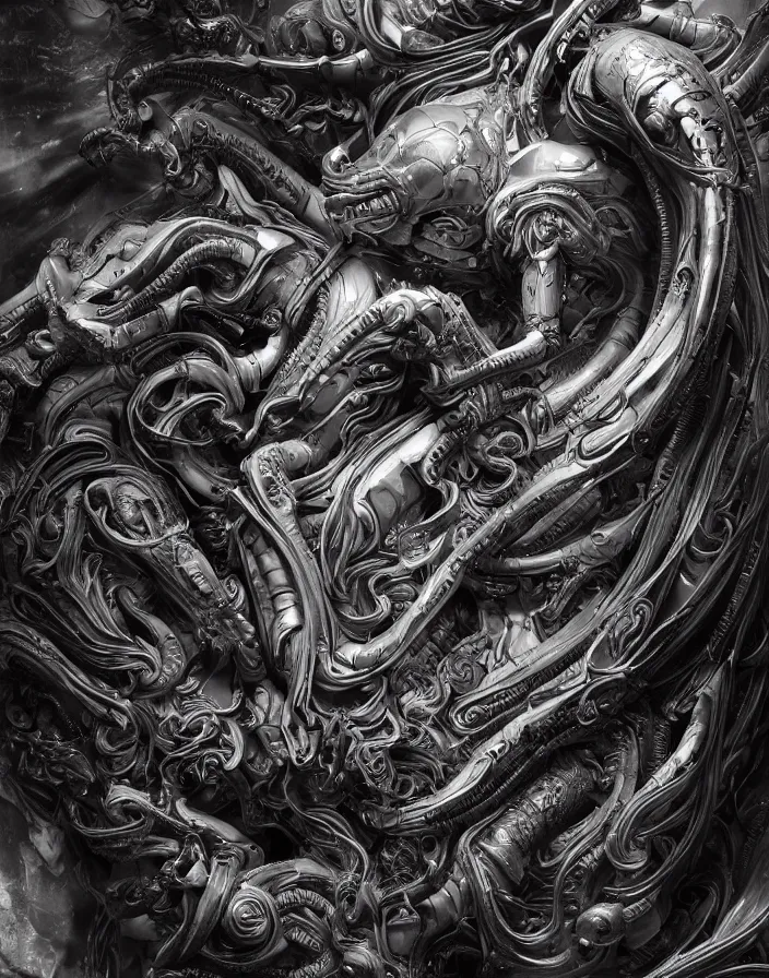 Image similar to engineer prometheus, xenomorph alien, highly detailed, symmetrical long head, smooth marble surfaces, detailed ink illustration, raiden metal gear, cinematic smooth stone, deep aesthetic, concept art, post process, 4k, carved marble texture and silk cloth, latex skin, highly ornate intricate details, prometheus, evil, moody lighting, hr geiger, hayao miyazaki, indsutrial Steampunk