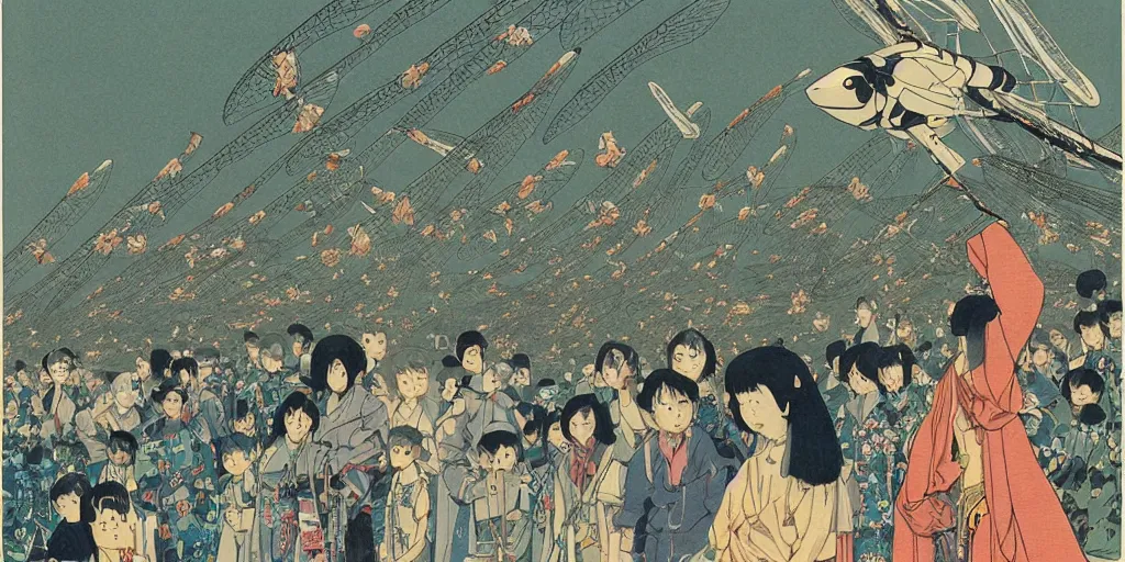 Prompt: gigantic dragonflies with human faces catch tiny robots, a lot of exotic mechas robots around, human heads everywhere, risograph by kawase hasui, satoshi kon and moebius, 2 d gouache illustration, omnious, intricate, a lot of tiny details, fullshot