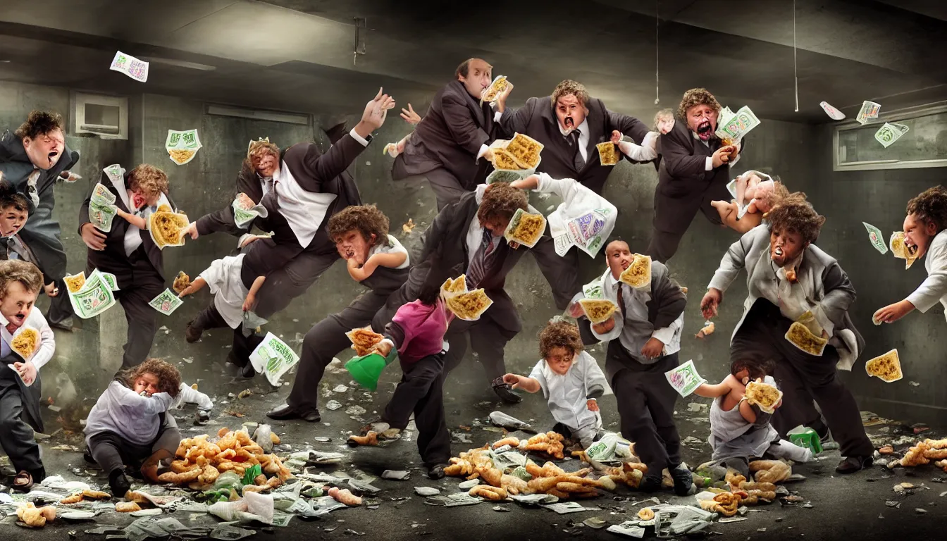 Image similar to disheveled children in rags and obese men in suits fighting in a squalid subway over piles half eaten fast food and money, hyper realistic photo, full colour, upscale, 8 k