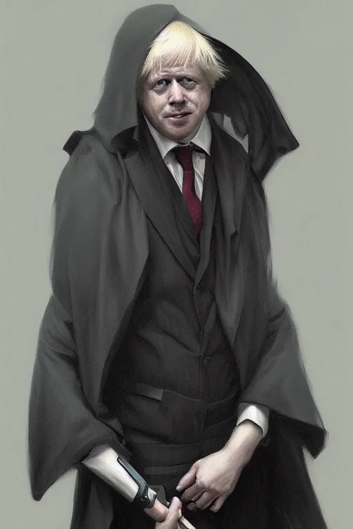 Image similar to Boris Johnson as Grim Reaper, portrait, highly extremely detailed, digital painting, artstation, concept art, very smooth, sharp focus, illustration, cinematic lighting, art by artgerm and greg rutkowski and alphonse mucha