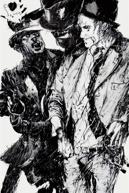 Prompt: Rorschach and The Comedian aka Edward Morgan Blake from the movie Watchmen painted by Norman Rockwell, Greg Rutkowski and Dave Gibbons, Sadamoto Yoshiyuki, Yoki Shinkawa, high detailed perfect faces, trending on Artstation, page scan from book, watchmen comics color scheme, noisy film grain effect, super wide shot, 30mm, intricate, fine details, trending on artstation,