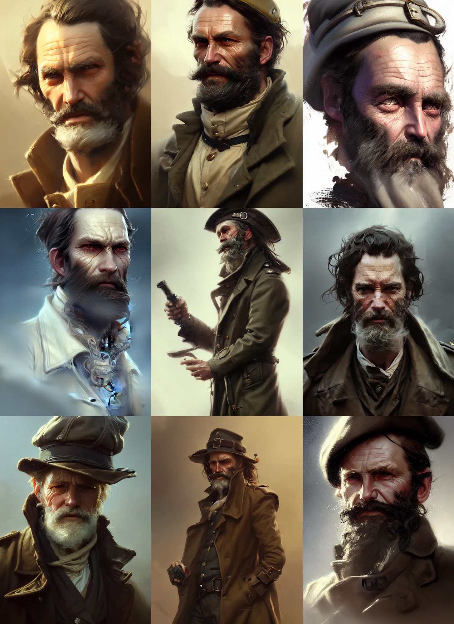 Prompt: portrait of a rugged sea captain in a trenchcoat, victorian, concept art, female, detailed face, fantasy, close up face, highly detailed, cinematic lighting, digital art painting by greg rutkowski