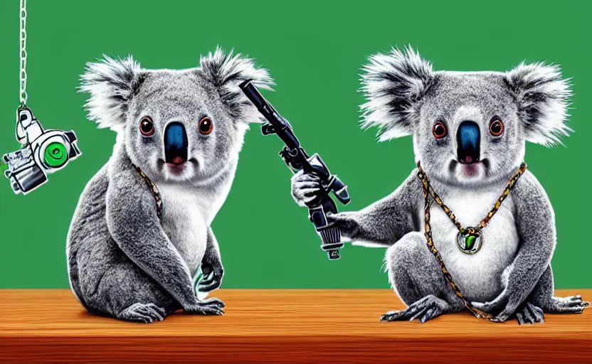 Image similar to “ cute koala with very big eyes, wearing a bandana and chain, holding a laser gun, standing on a desk, digital art, award winning ”