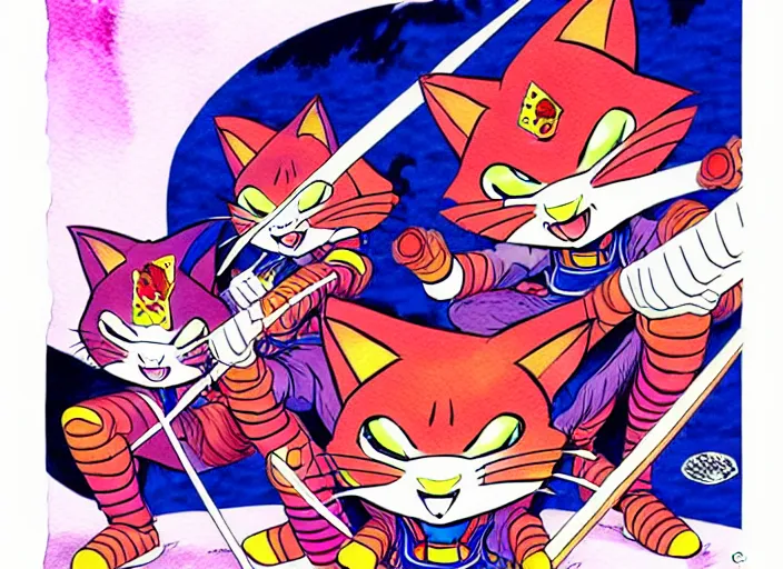 Image similar to samurai pizza cats, ink and watercolor illustration masterpiece, perfectly realistic yet surreal, by ryan ottley and mœbius