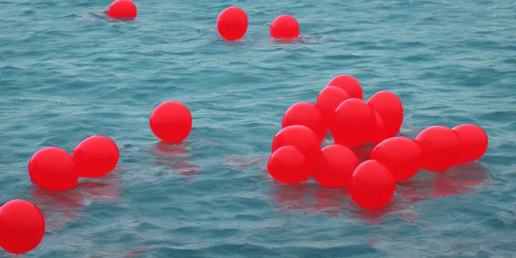 Image similar to many red balloons swimming in sea, highly detailed, realistic, dramatic,