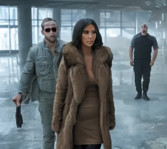 Image similar to a movie still of kim kardashian sitting with ryan gosling in the movie blade runner 2 0 4 9